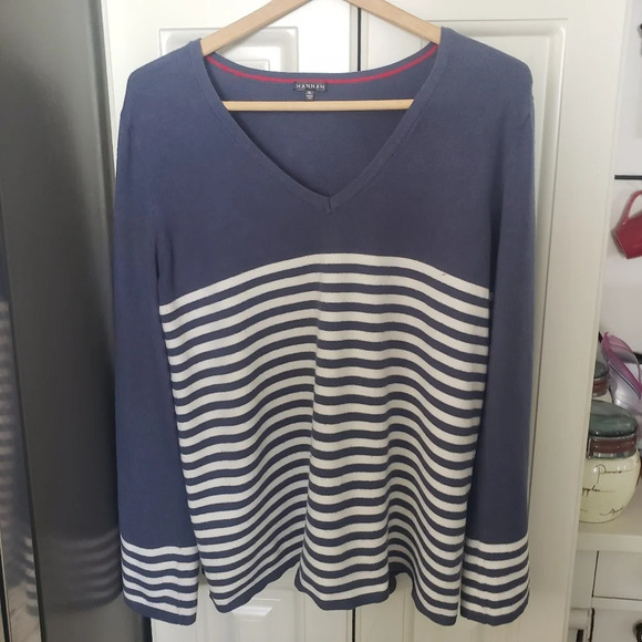 Hannah Striped V-neck Lightweight Nylon Blend Pullover Sweater - Picture 7 of 7